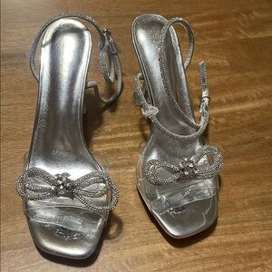 Elegant Silver Women's Heels with Rhinestone Bow